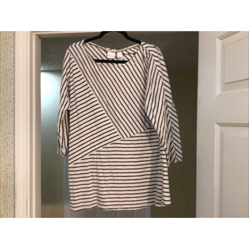 Chicos Top Women's Size 3 Beige Long Sleeve Green Striped Stretch Casual